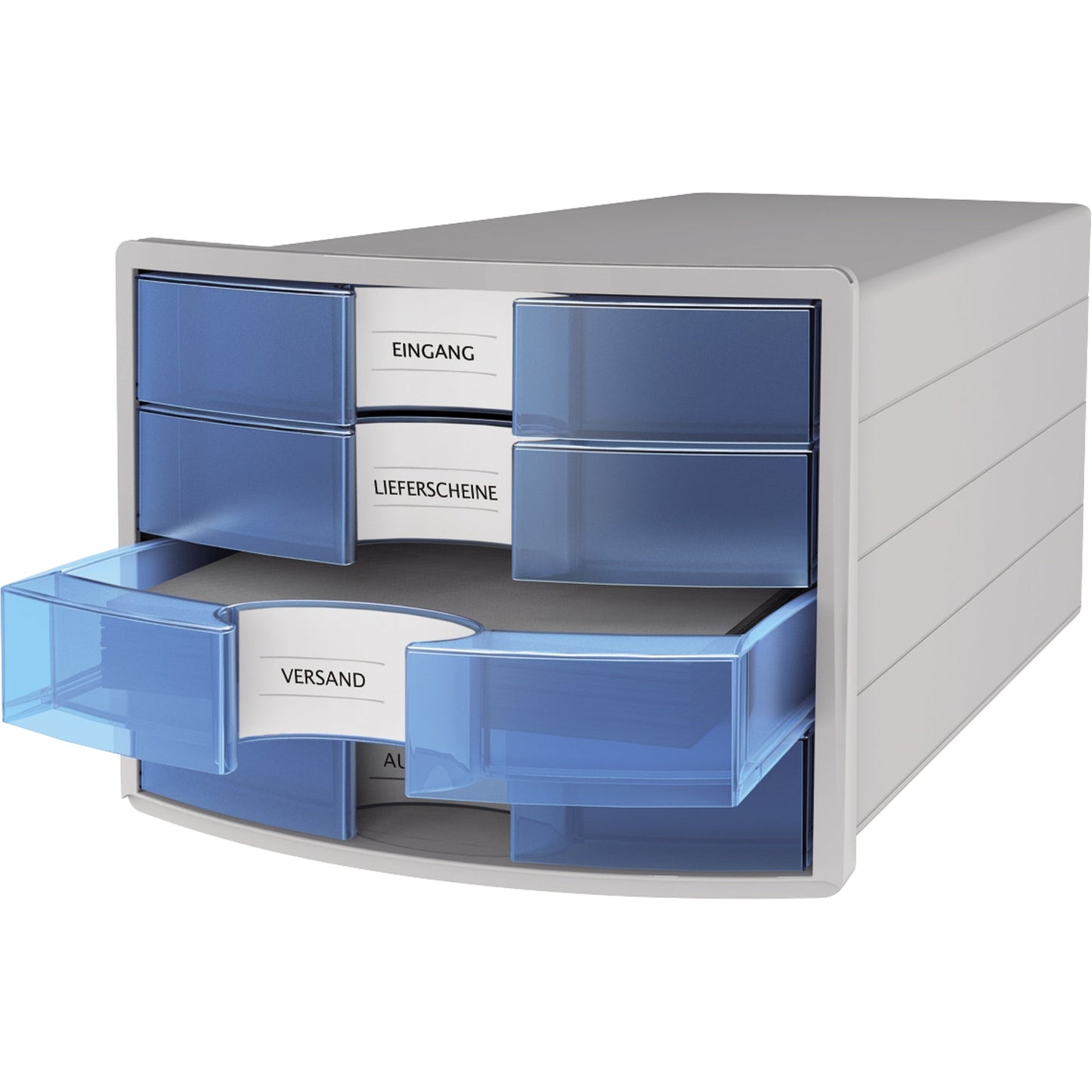 HAN Schubladenbox IMPULS 4 Schubladen DIN A4, DIN C4 Polystyrol Gehäusefarbe: lichtgrau Farbe der Schublade: blau transluzent