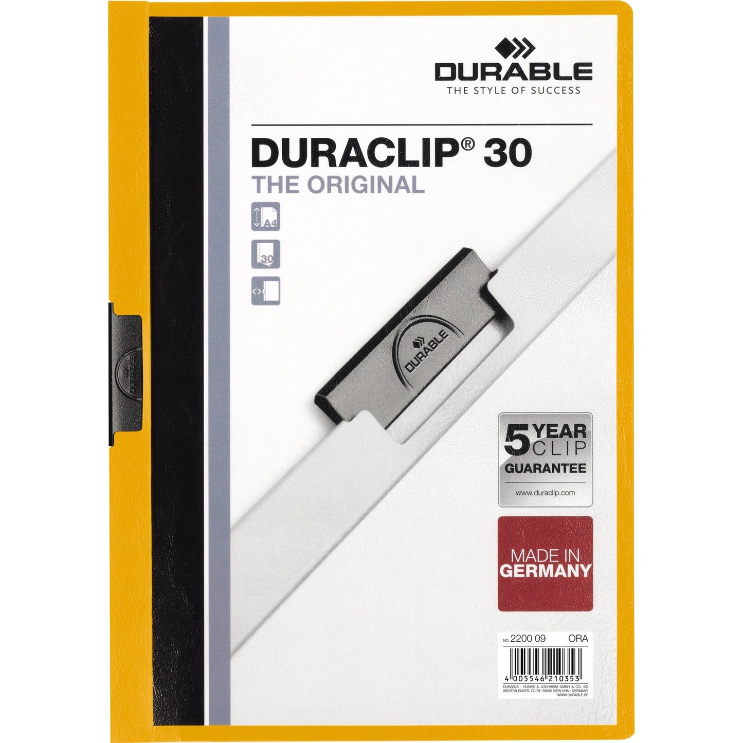 DURABLE Klemmmappe DURACLIP® 30 DIN A4 Hartfolie Farbe der Rückseite: orange Farbe der Klemme: schwarz
