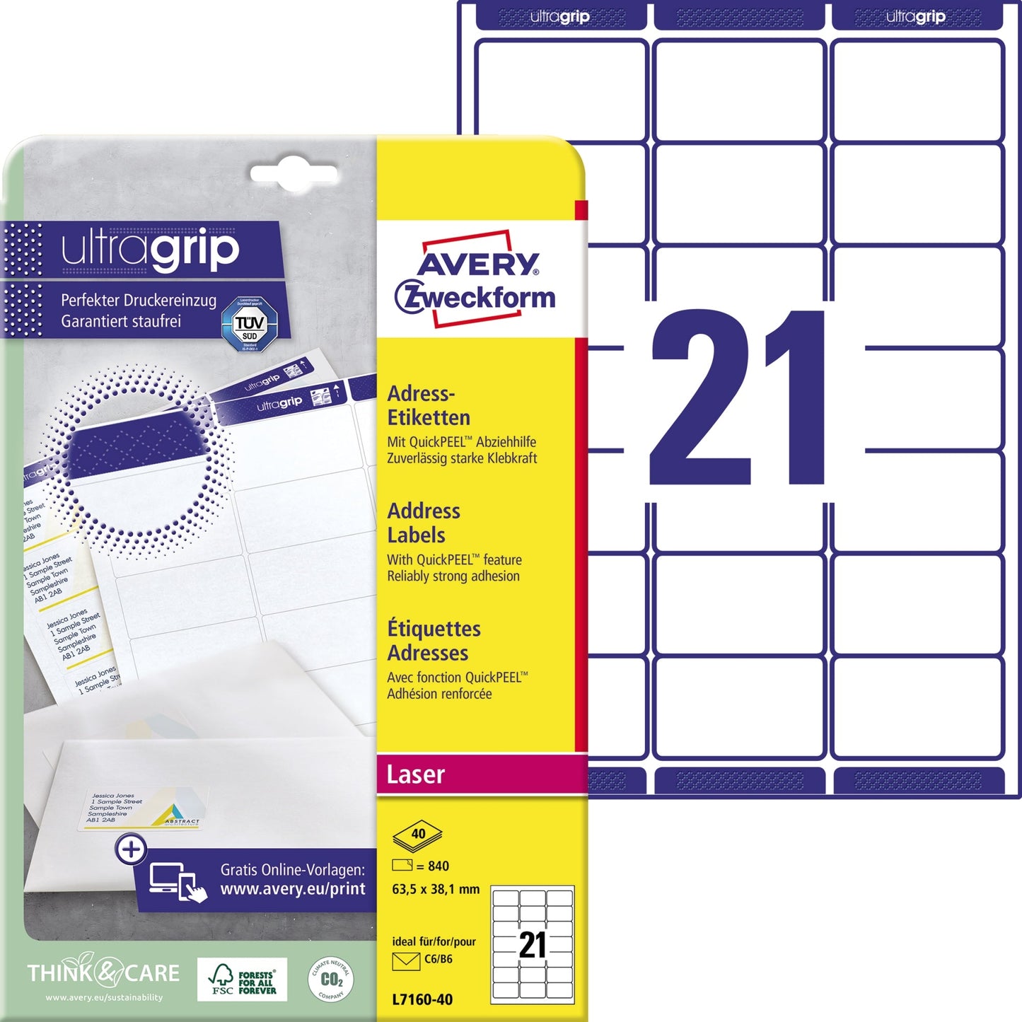 Avery Zweckform Adressetikett ultragrip 63,5 x 38,1 mm (B x H) Papier weiß 840 Etik./Pack.