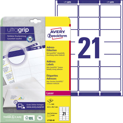 Avery Zweckform Adressetikett ultragrip 63,5 x 38,1 mm (B x H) Papier weiß 840 Etik./Pack.