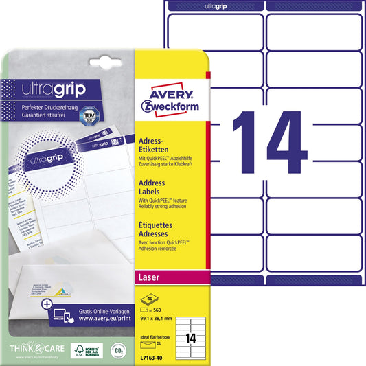 Avery Zweckform Adressetikett ultragrip 99,1 x 38,1 mm (B x H) Papier weiß 560 Etik./Pack.