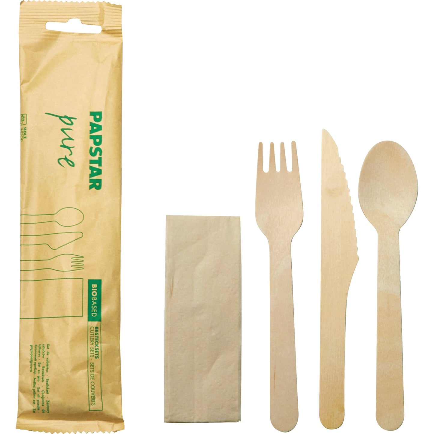 PAPSTAR Besteckgarnitur pure Einweg je 1 x Serviette, Messer, Gabel, Löffel Holz braun