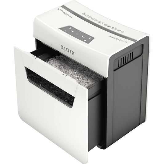 Leitz Aktenvernichter IQ 6X Protect Premium P-4 Papier, Heftklammern, Büroklammern Partikelschnitt weiß