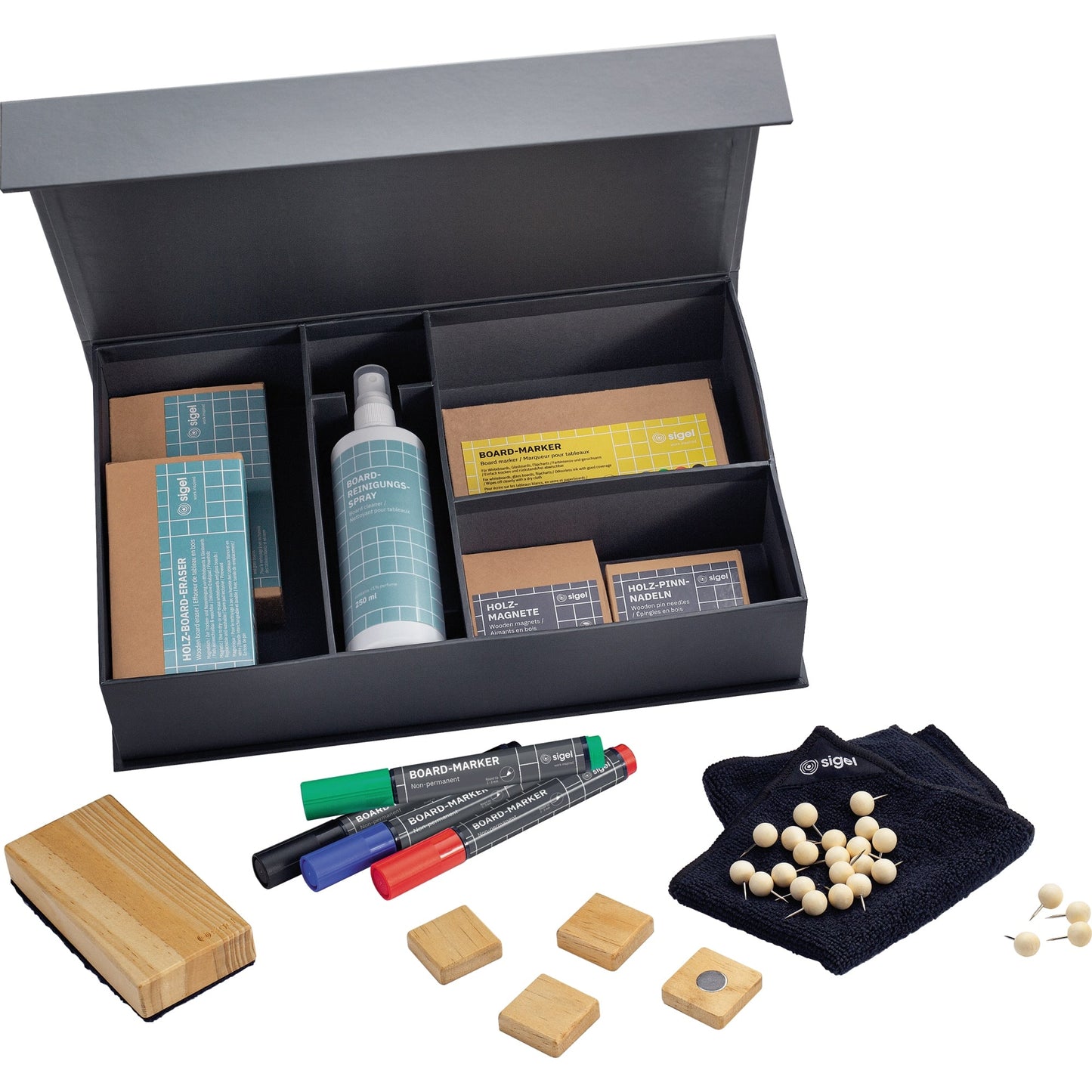 SIGEL Starterset Whiteboard 4 BA010 Board-Marker, 25 BA240 Holz-Pinnnadeln, 4 BA211 Holz-Magnete quadratisch, 1 BA120 Holz-Board-Eraser inkl. Ersatzpad, 1 BA110 Magnetisches Reinigungstuch, 1 BA140 Reinigungsspray