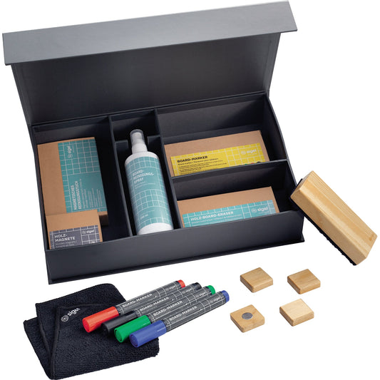 SIGEL Starterset Glasboard 4 x BA010 Board-Marker, 4 x BA211 Holz-Magnete quadratisch, 1 x BA120 Holz-Board-Eraser inkl. Ersatzpad, 1 x BA110 Magnetisches Reinigungstuch, 1 x BA140 Reinigungsspray