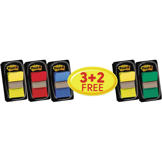 Post-it® Haftstreifen Index Promotion 43,2 x 25,4 mm (B x H) inkl. 3 x 50 Post-it® Index Standard + 2 x 50 Post-it® Index Standard gratis rot, grün, blau, gelb 50 Bl./Block 5 Block/Pack.