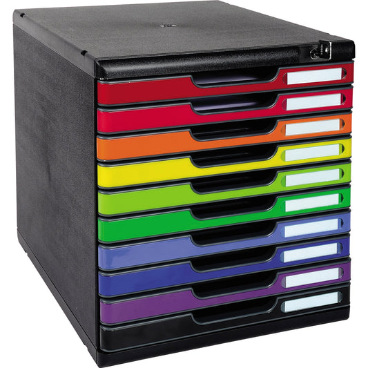 Exacompta Schubladenbox MODULO 10 Schubladen DIN A4+ Polystyrol Gehäusefarbe: schwarz Farbe der Schublade: harlekin glossy