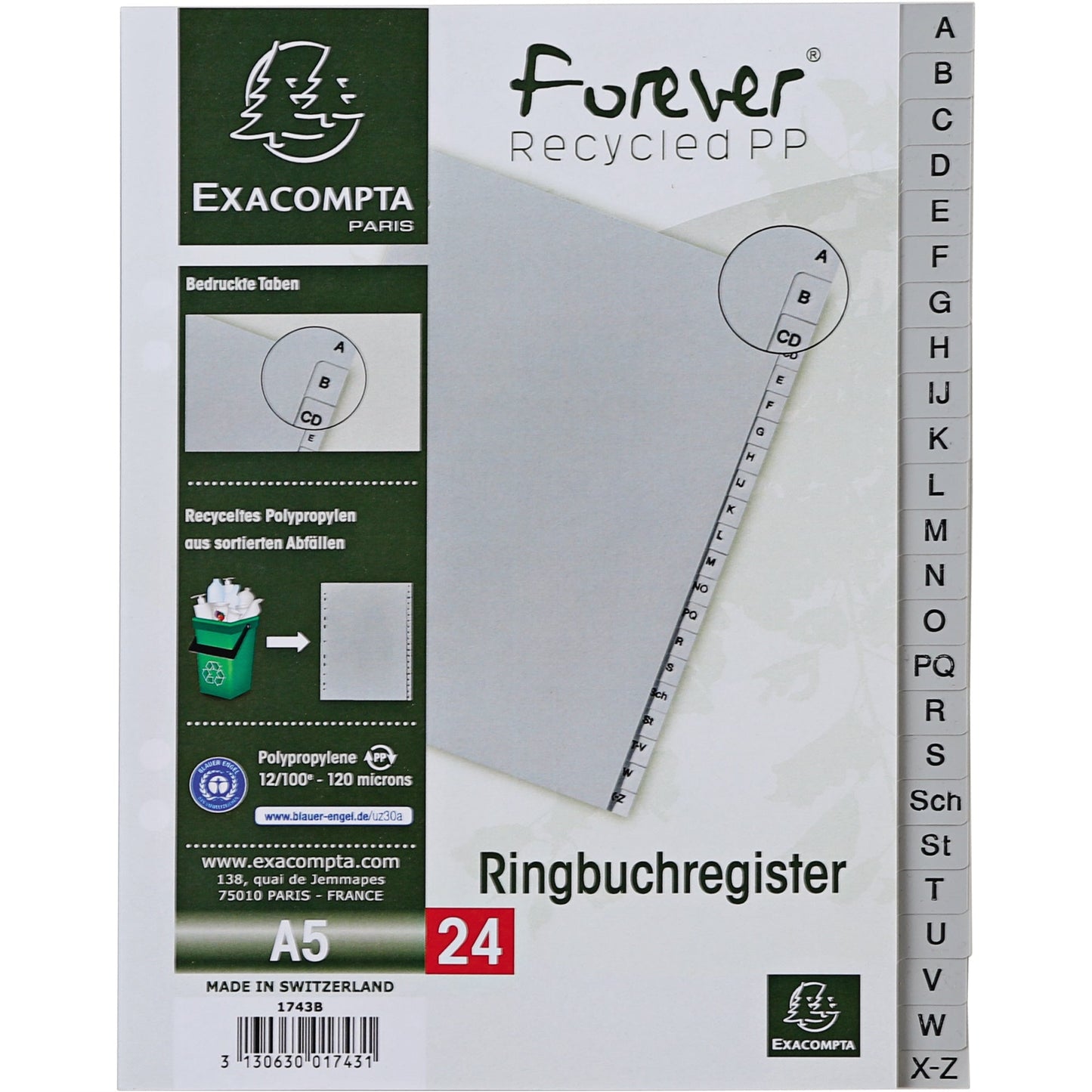 Exacompta A-Z Register Forever® DIN A5 Polypropylen grau 24 Registerblätter