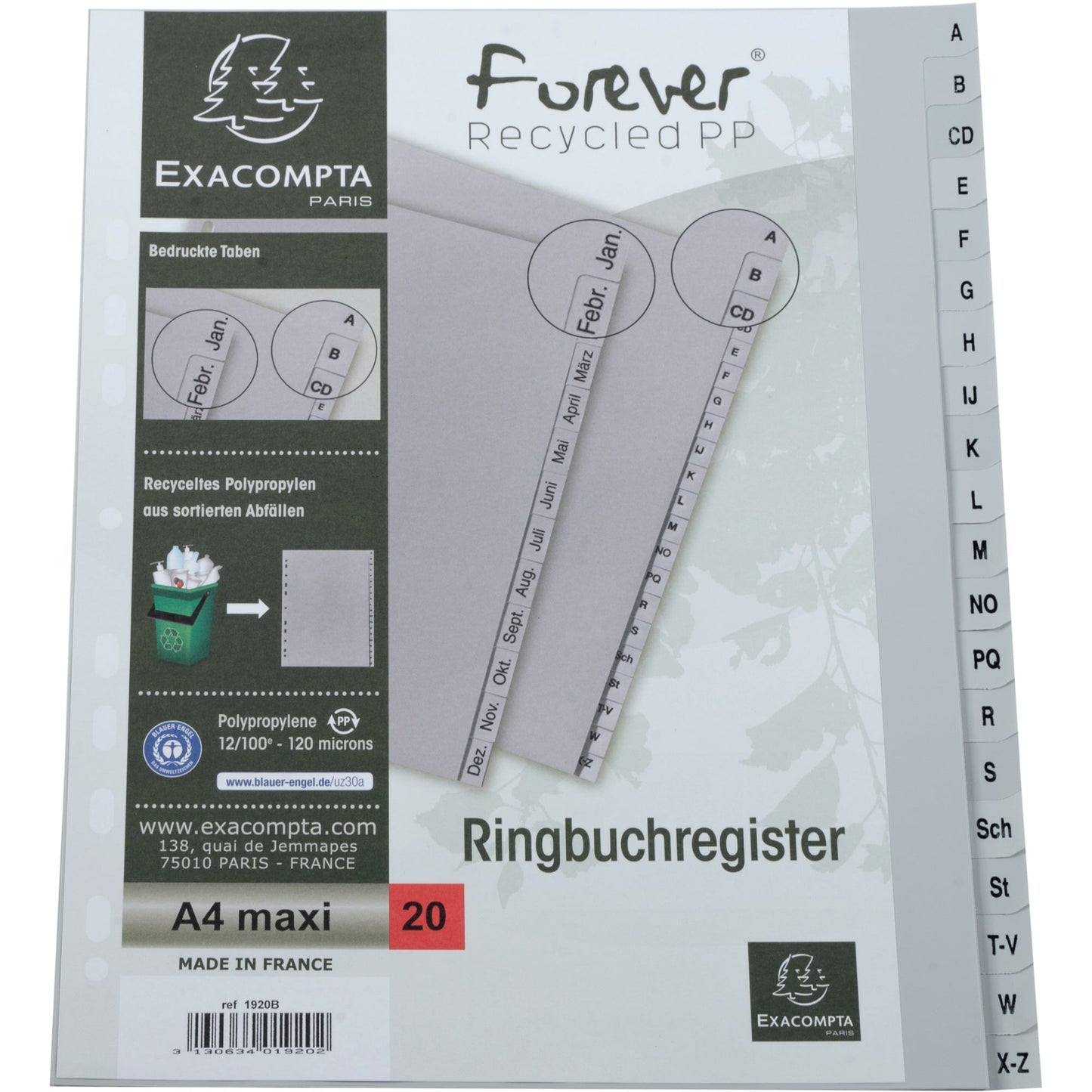 Exacompta A-Z Register Forever® DIN A4, Überbreite Polypropylen grau 20 Registerblätter