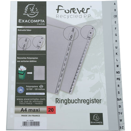 Exacompta A-Z Register Forever® DIN A4, Überbreite Polypropylen grau 20 Registerblätter
