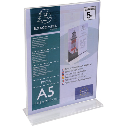 Exacompta Tischaufsteller Office Exacryl 15 x 21,4 x 5,5 cm (B x H x T) DIN A5 beidseitig verwendbar Acryl kristall