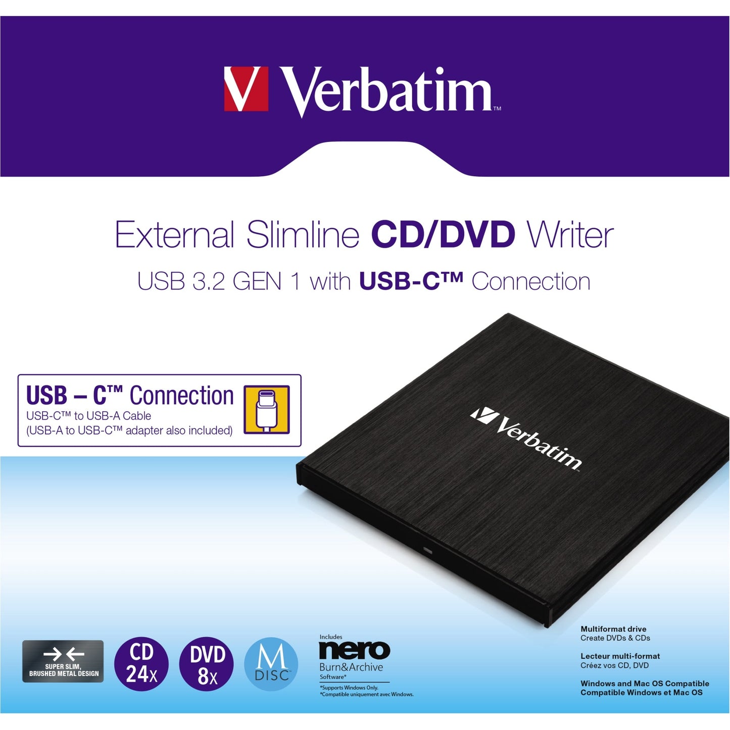 Verbatim Laufwerk extern Slimline DVD 145 x 11 x 133 mm (B x H x T) USB 3.2 GEN 1 CD, DVD, M-Disc Archivmedien Windows®, Mac universell inkl. USB-C/USB-A Kabel, USB-A/USB-C Adapter, Kurzinstallationsanleitung schwarz
