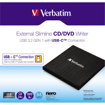 Verbatim Laufwerk extern Slimline DVD 145 x 11 x 133 mm (B x H x T) USB 3.2 GEN 1 CD, DVD, M-Disc Archivmedien Windows®, Mac universell inkl. USB-C/USB-A Kabel, USB-A/USB-C Adapter, Kurzinstallationsanleitung schwarz