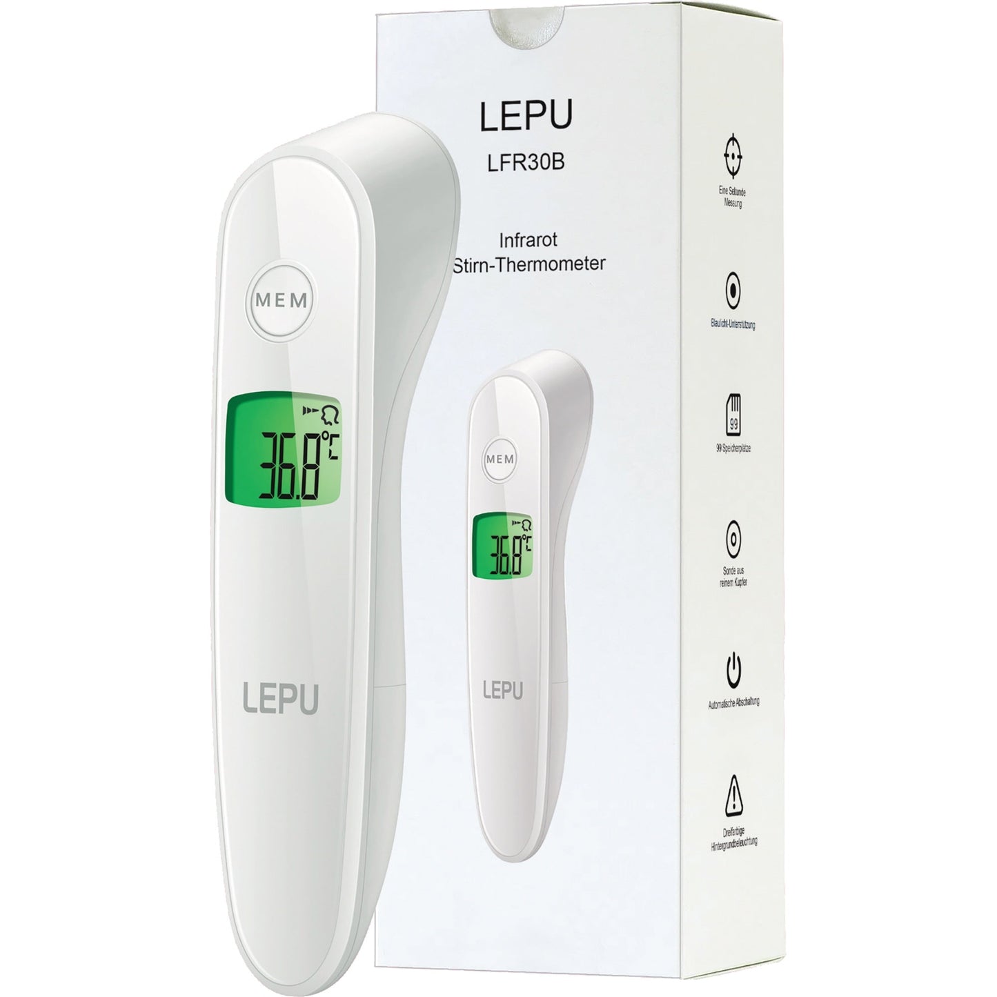 LEPU MEDICAL Fieberthermometer LFR30B Stirn 32°C 42,9°C Batterie AAA/Micro 2 Batterien