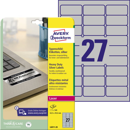 Avery Zweckform Typenschildetikett 63,5 x 29,6 mm (B x H) silber 540 Etik./Pack.