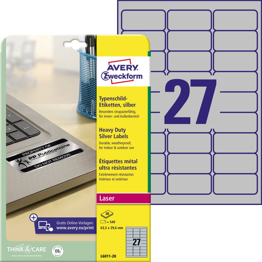 Avery Zweckform Typenschildetikett 63,5 x 29,6 mm (B x H) silber 540 Etik./Pack.