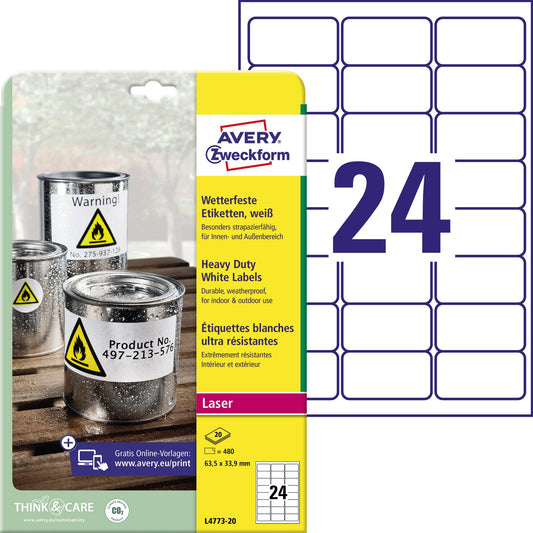 Avery Zweckform Folienetikett 63,5 x 33,9 mm (B x H) weiß 480 Etik./Pack.