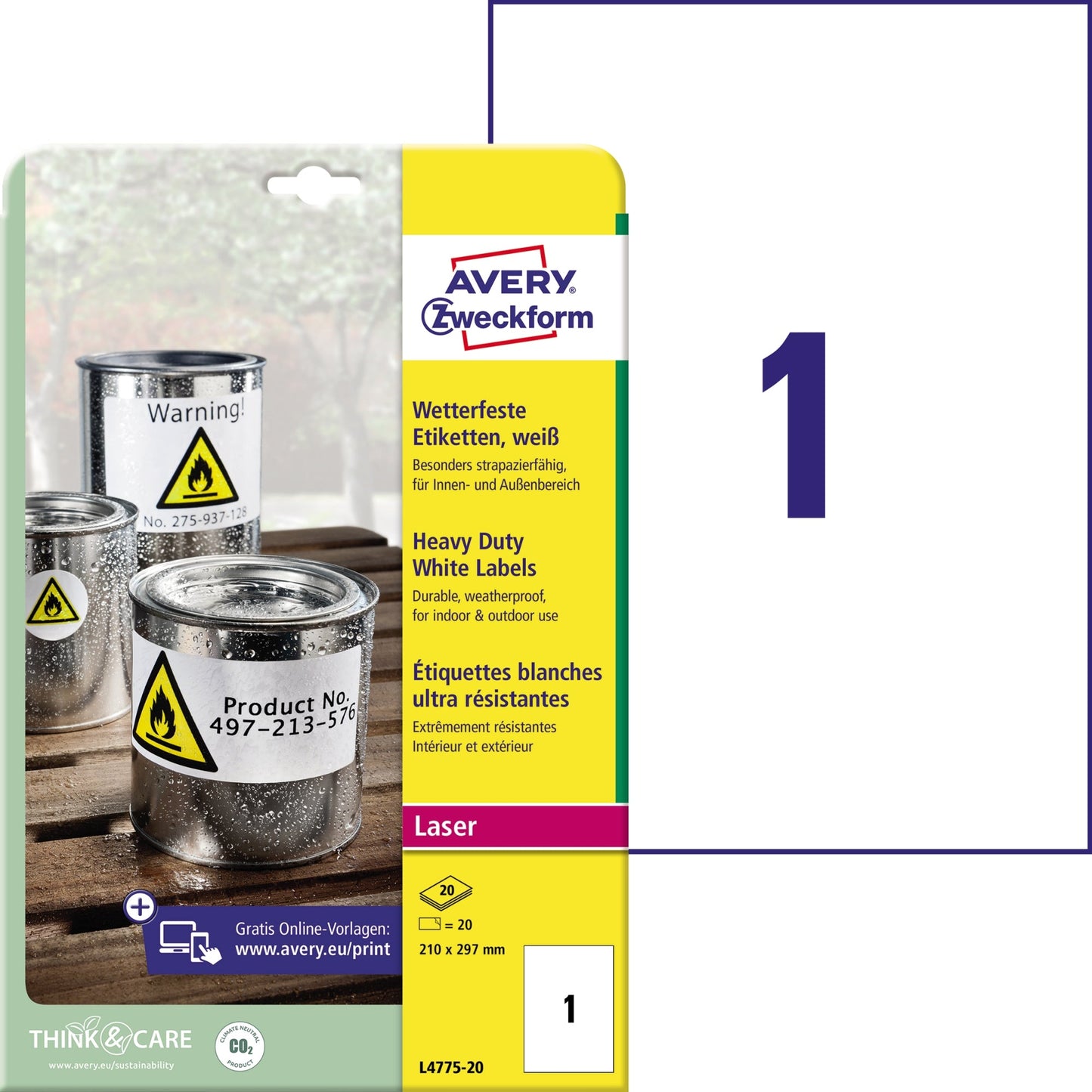 Avery Zweckform Folienetikett 210 x 297 mm (B x H) weiß 20 Etik./Pack.