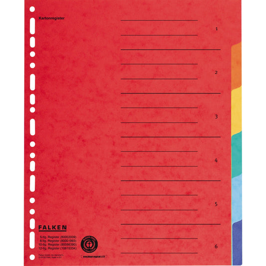 Falken Ordnerregister DIN A4, Überbreite blanko Manilakarton mehrfarbig 6 Registerblätter