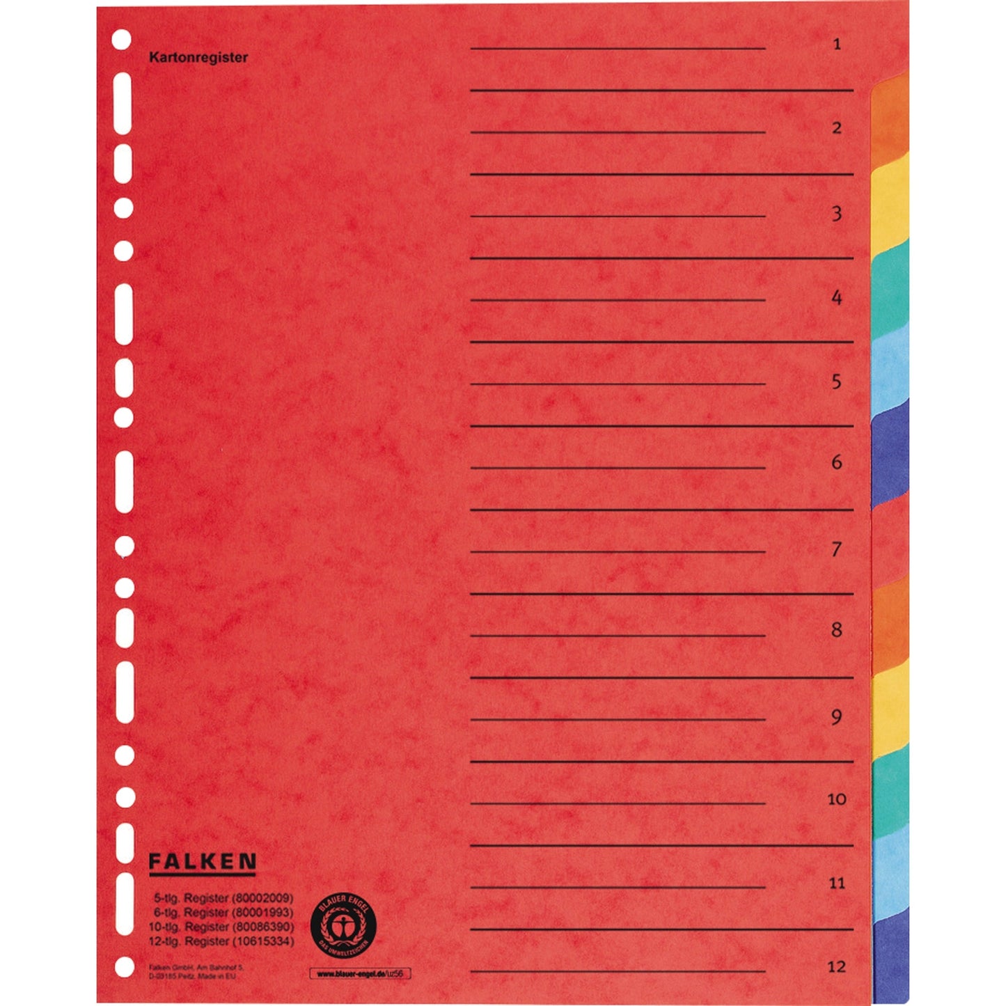 Falken Ordnerregister DIN A4, Überbreite blanko Manilakarton mehrfarbig 12 Registerblätter