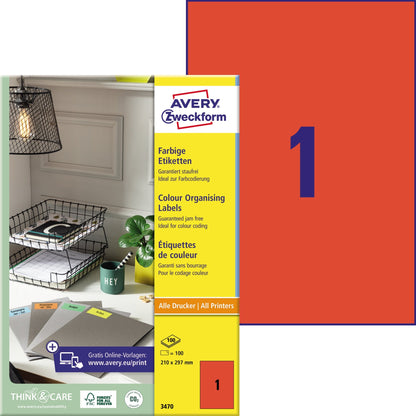 Avery Zweckform Universaletikett 210 x 297 mm (B x H) nicht wieder ablösbar Papier rot 100 Etik./Pack.