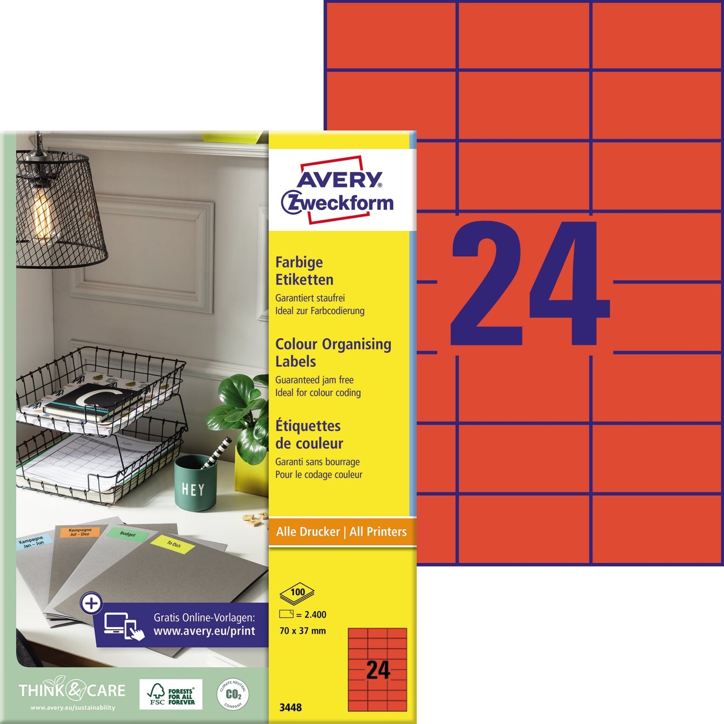 Avery Zweckform Universaletikett 70 x 37 mm (B x H) nicht wieder ablösbar Papier rot 2.400 Etik./Pack.