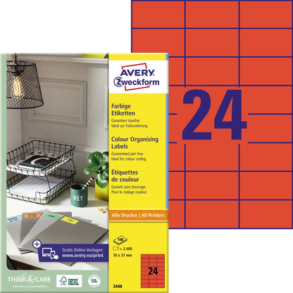 Avery Zweckform Universaletikett 70 x 37 mm (B x H) nicht wieder ablösbar Papier rot 2.400 Etik./Pack.