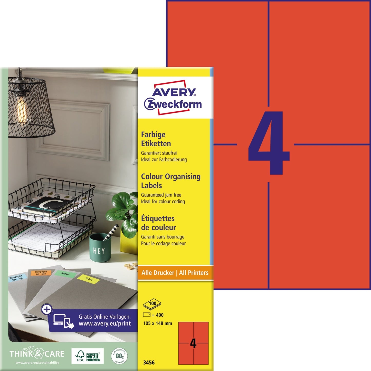 Avery Zweckform Universaletikett 105 x 148 mm (B x H) nicht wieder ablösbar Papier rot 400 Etik./Pack.