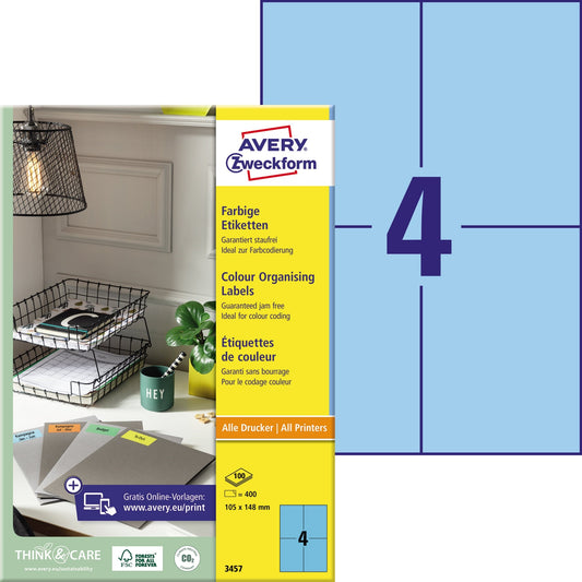 Avery Zweckform Universaletikett 105 x 148 mm (B x H) nicht wieder ablösbar Papier blau 400 Etik./Pack.