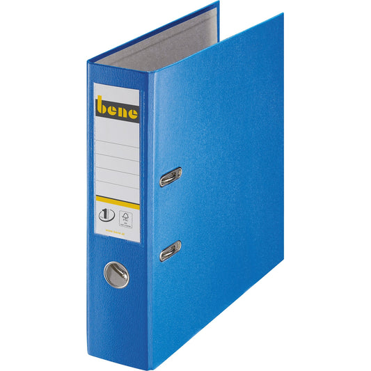 Bene Ordner 80mm DIN A4 Rückenschild: einsteckbar mit Schlitzen Werkstoff: Graupappe, recycelt Material außen: Polypropylen Material innen: Papier, recycelt blau