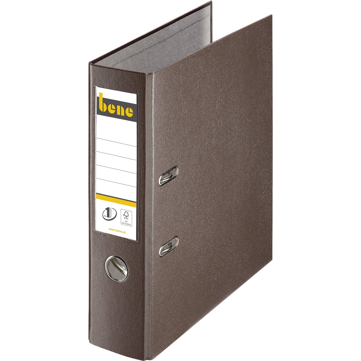 Bene Ordner 80mm DIN A4 Rückenschild: einsteckbar mit Schlitzen Werkstoff: Graupappe, recycelt Material außen: Polypropylen Material innen: Papier, recycelt braun