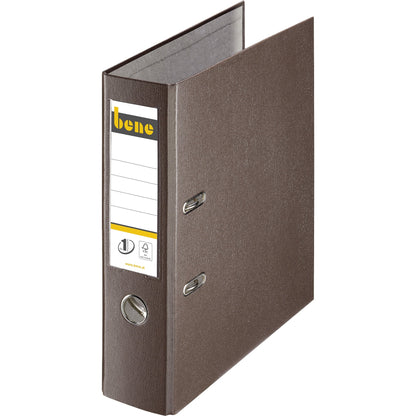 Bene Ordner 80mm DIN A4 Rückenschild: einsteckbar mit Schlitzen Werkstoff: Graupappe, recycelt Material außen: Polypropylen Material innen: Papier, recycelt braun