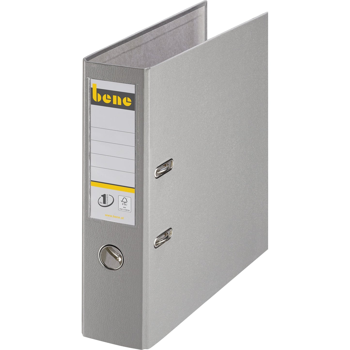 Bene Ordner 80mm DIN A4 Rückenschild: einsteckbar mit Schlitzen Werkstoff: Graupappe, recycelt Material außen: Polypropylen Material innen: Papier, recycelt grau