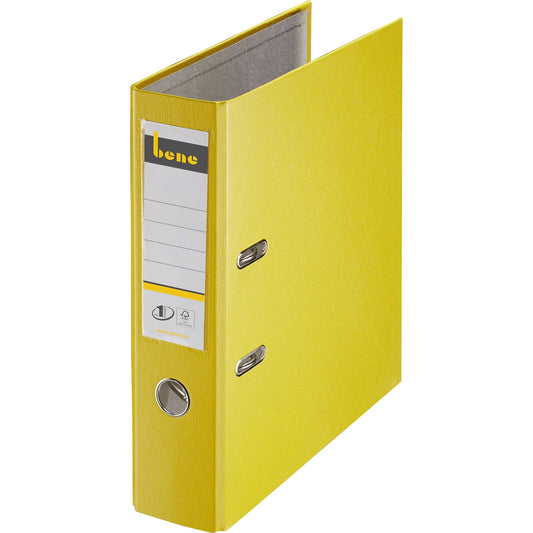 Bene Ordner 80mm DIN A4 Rückenschild: einsteckbar mit Schlitzen Werkstoff: Graupappe, recycelt Material außen: Polypropylen Material innen: Papier, recycelt gelb