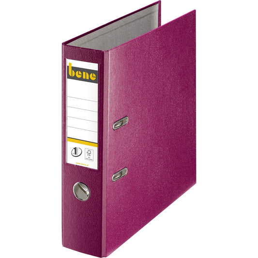Bene Ordner 80mm DIN A4 Rückenschild: einsteckbar mit Schlitzen Werkstoff: Graupappe, recycelt Material außen: Polypropylen Material innen: Papier, recycelt brombeer