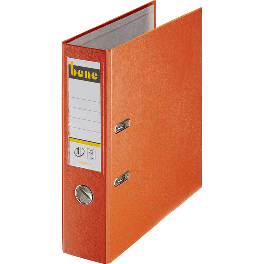 Bene Ordner 80mm DIN A4 Rückenschild: einsteckbar mit Schlitzen Werkstoff: Graupappe, recycelt Material außen: Polypropylen Material innen: Papier, recycelt orange