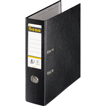 Bene Ordner 80mm DIN A4 Rückenschild: einsteckbar mit Schlitzen Werkstoff: Graupappe, recycelt Material außen: Polypropylen Material innen: Papier, recycelt schwarz