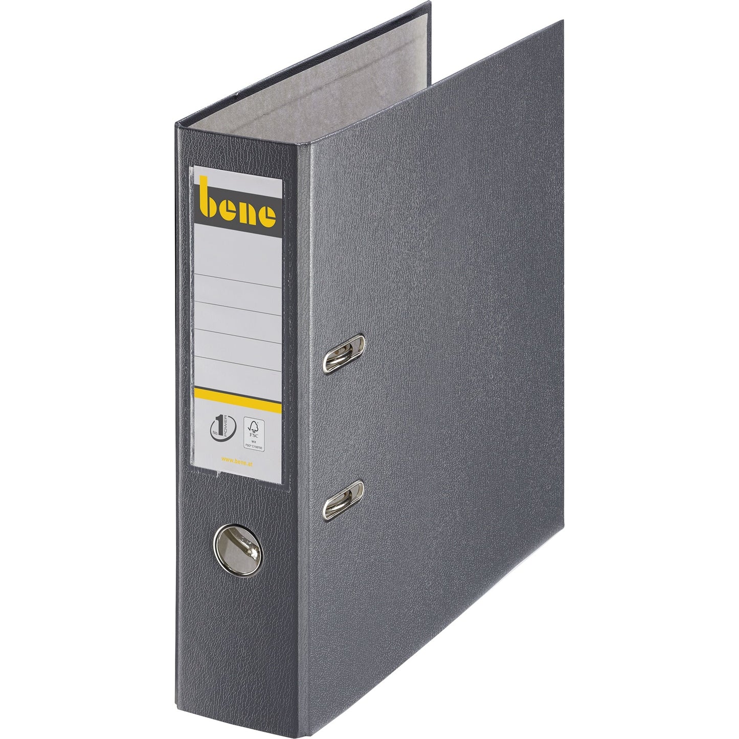 Bene Ordner 80mm DIN A4 Rückenschild: einsteckbar mit Schlitzen Werkstoff: Graupappe, recycelt Material außen: Polypropylen Material innen: Papier, recycelt schiefer