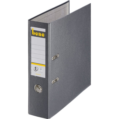 Bene Ordner 80mm DIN A4 Rückenschild: einsteckbar mit Schlitzen Werkstoff: Graupappe, recycelt Material außen: Polypropylen Material innen: Papier, recycelt schiefer