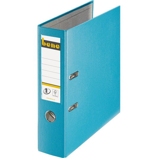 Bene Ordner 80mm DIN A4 Rückenschild: einsteckbar mit Schlitzen Werkstoff: Graupappe, recycelt Material außen: Polypropylen Material innen: Papier, recycelt türkis