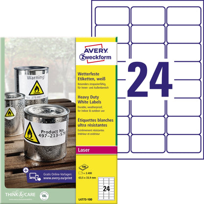 Avery Zweckform Folienetikett 63,5 x 33,9 mm (B x H) weiß 2.400 Etik./Pack.