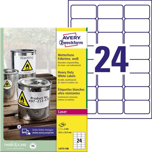 Avery Zweckform Folienetikett 63,5 x 33,9 mm (B x H) weiß 2.400 Etik./Pack.