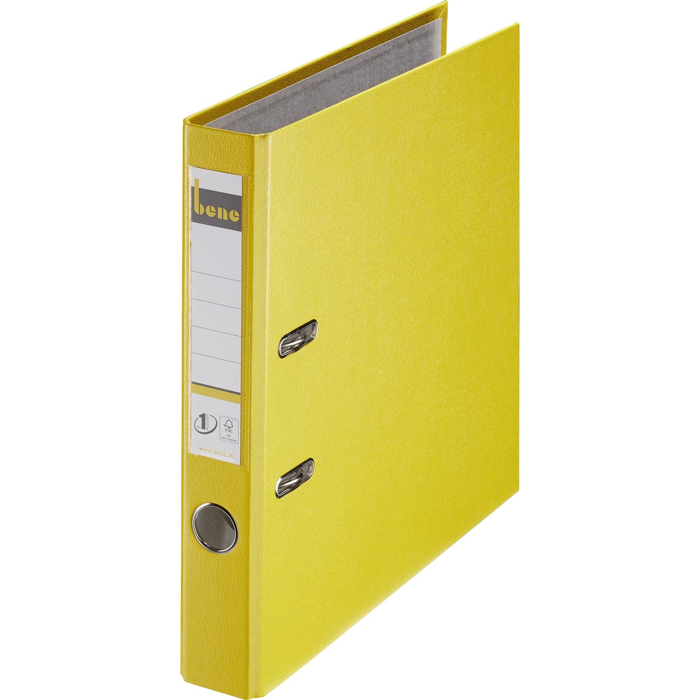 Bene Ordner 52mm DIN A4 Rückenschild: einsteckbar mit Schlitzen Werkstoff: Graupappe, recycelt Material außen: Polypropylen Material innen: Papier, recycelt gelb
