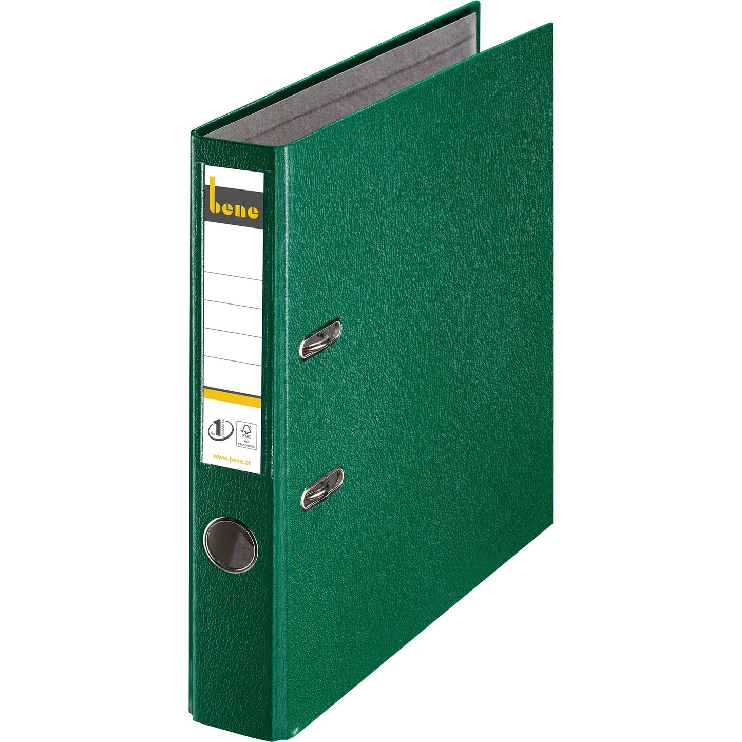 Bene Ordner 52mm DIN A4 Rückenschild: einsteckbar mit Schlitzen Werkstoff: Graupappe, recycelt Material außen: Polypropylen Material innen: Papier, recycelt grün