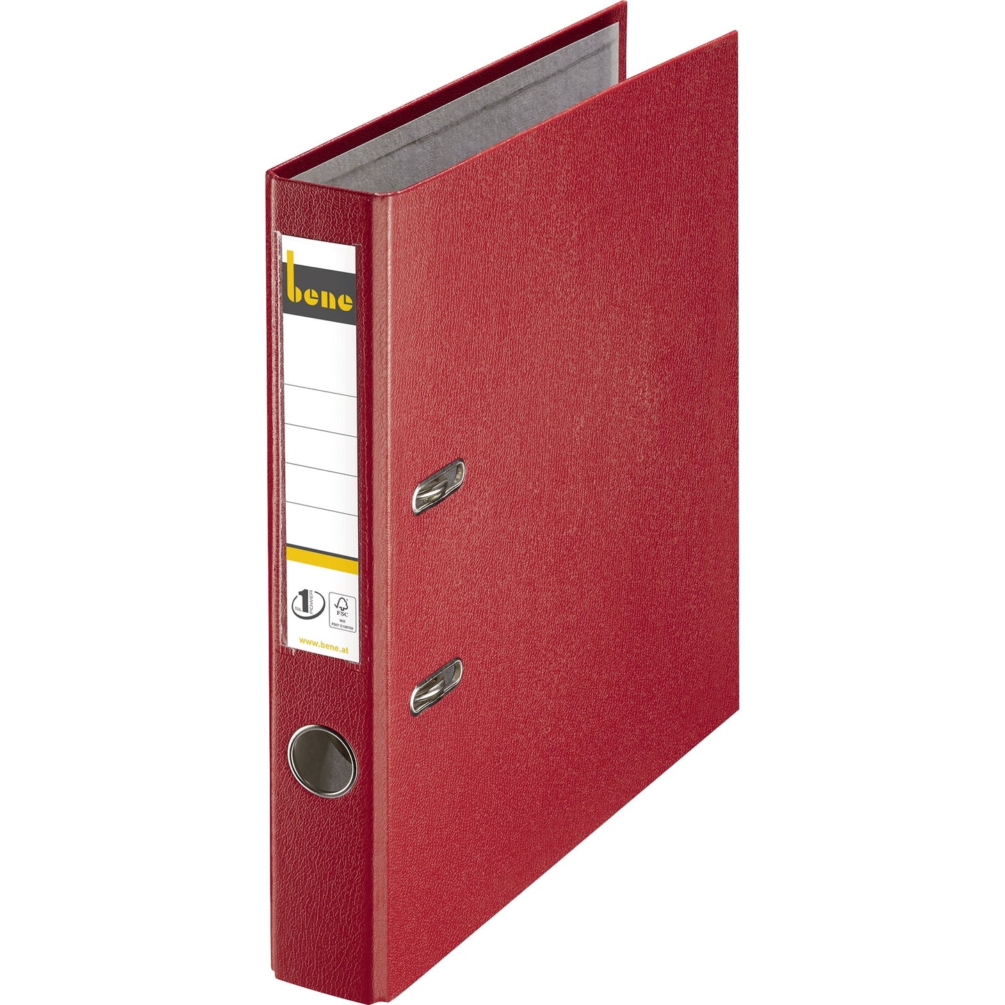 Bene Ordner 52mm DIN A4 Rückenschild: einsteckbar mit Schlitzen Werkstoff: Graupappe, recycelt Material außen: Polypropylen Material innen: Papier, recycelt rot