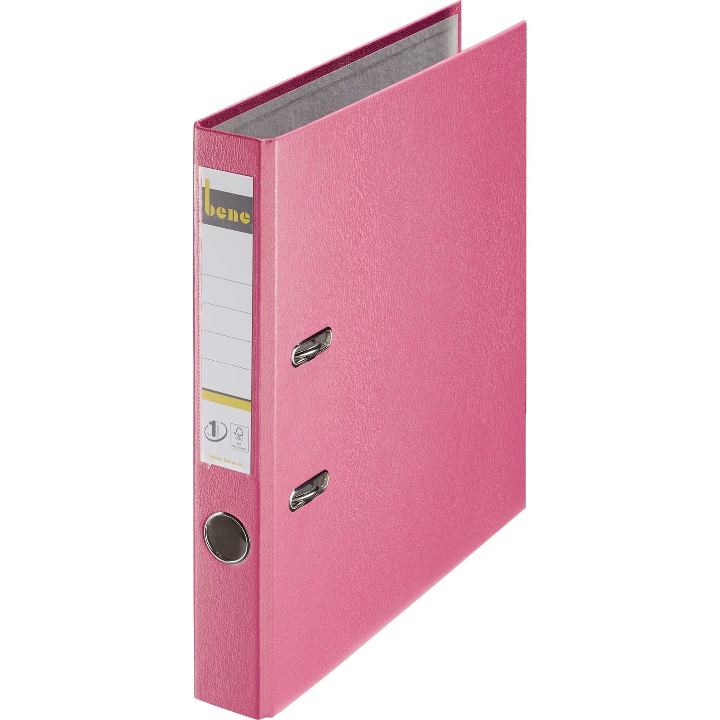Bene Ordner 52mm DIN A4 Rückenschild: einsteckbar mit Schlitzen Werkstoff: Graupappe, recycelt Material außen: Polypropylen Material innen: Papier, recycelt rosa