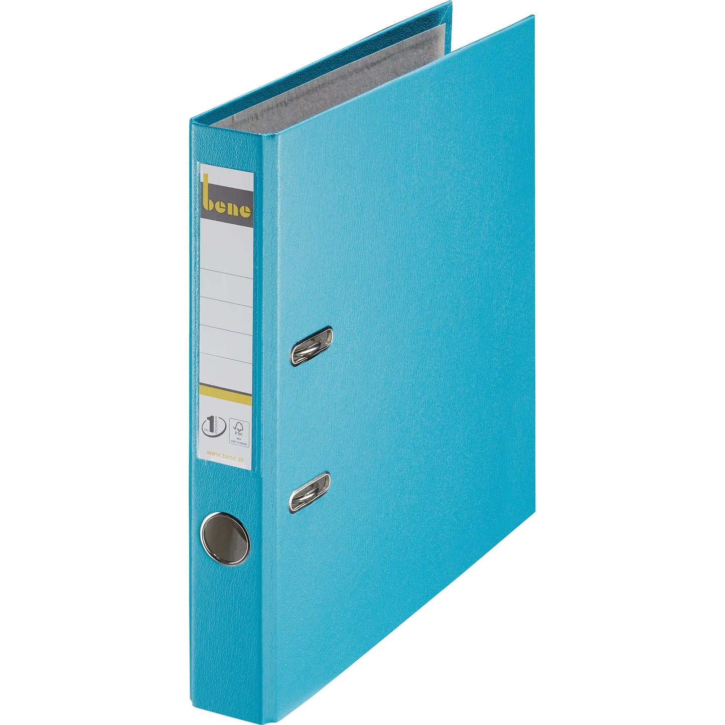 Bene Ordner 52mm DIN A4 Rückenschild: einsteckbar mit Schlitzen Werkstoff: Graupappe, recycelt Material außen: Polypropylen Material innen: Papier, recycelt türkis