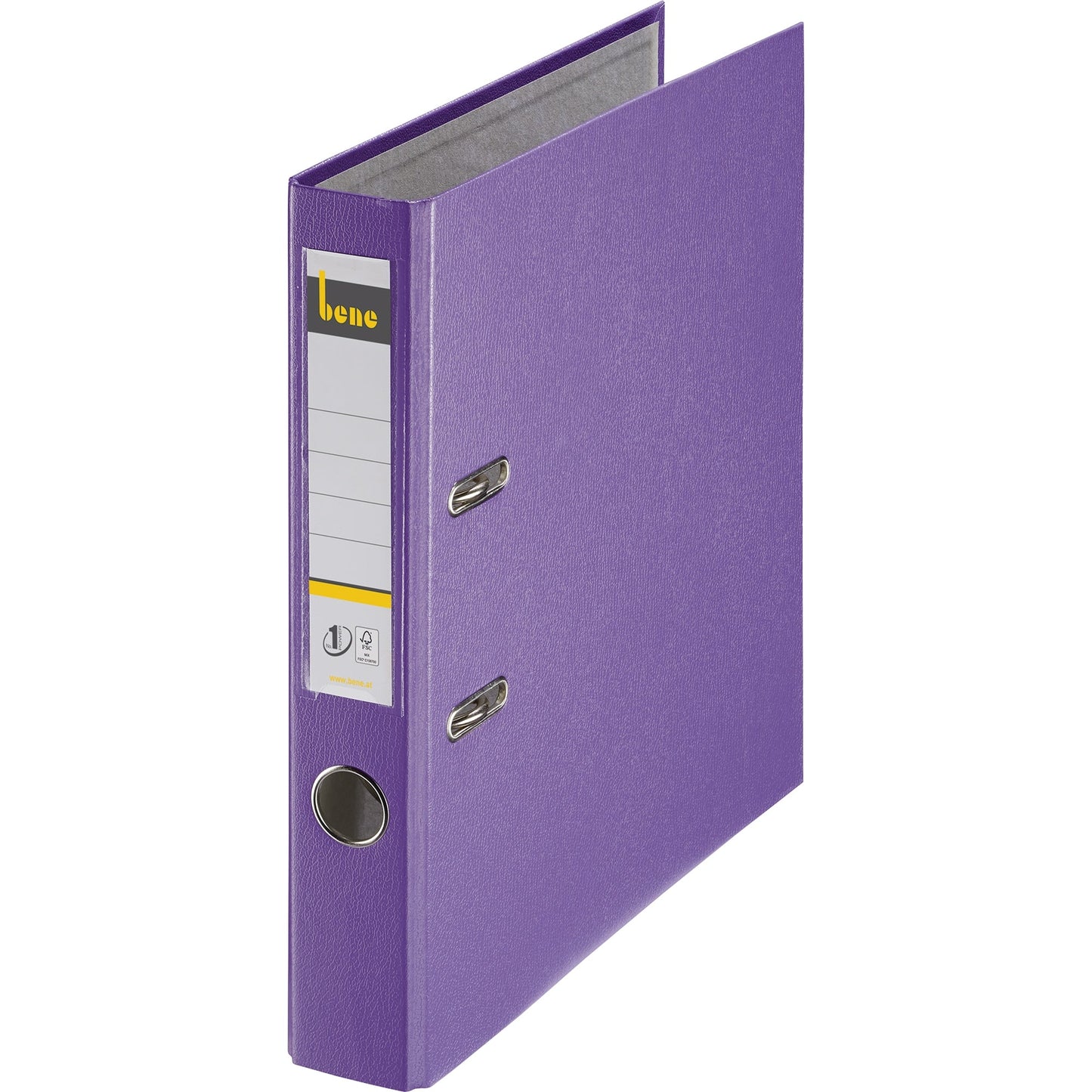 Bene Ordner 52mm DIN A4 Rückenschild: einsteckbar mit Schlitzen Werkstoff: Graupappe, recycelt Material außen: Polypropylen Material innen: Papier, recycelt violett