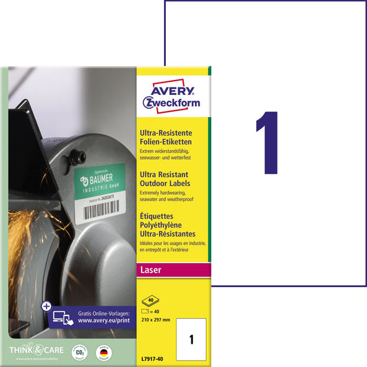 Avery Zweckform Folienetikett 210 x 297 mm (B x H) weiß 40 Etik./Pack.
