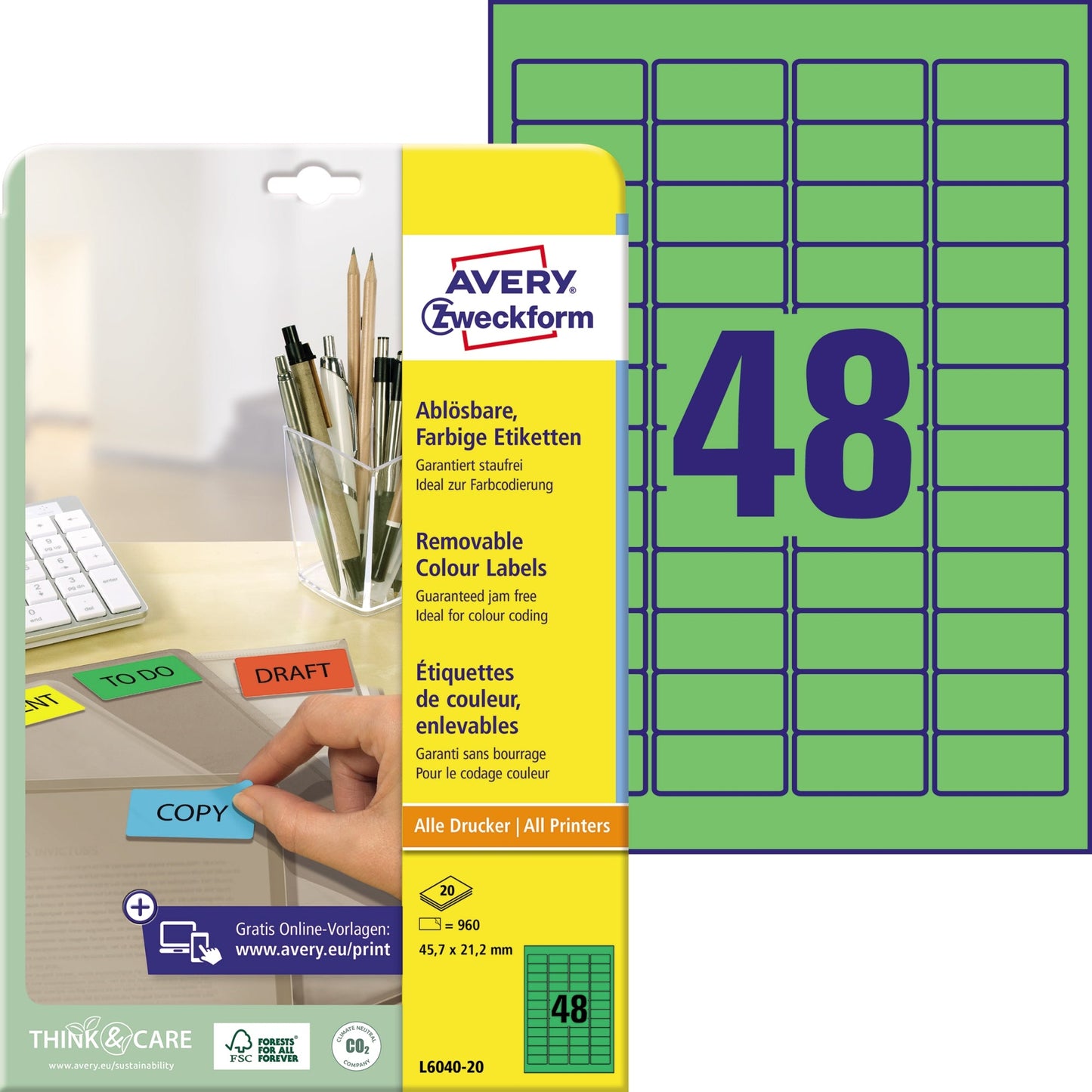 Avery Zweckform Universaletikett 45,7 x 21,2 mm (B x H) wieder ablösbar Papier grün 960 Etik./Pack.